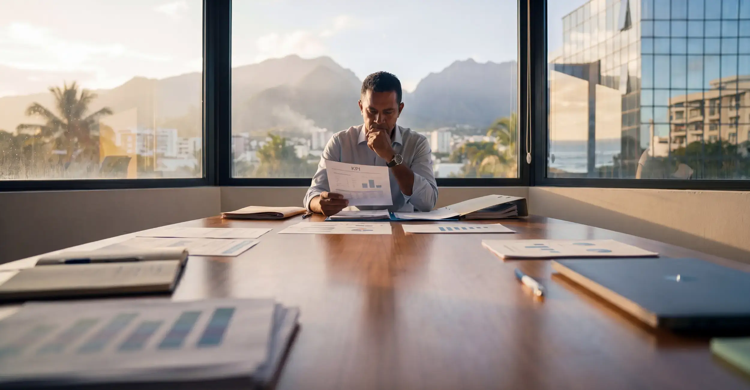 Un directeur d'entreprise qui réfléchit au choix d'un logiciel de facturation à La Réunion